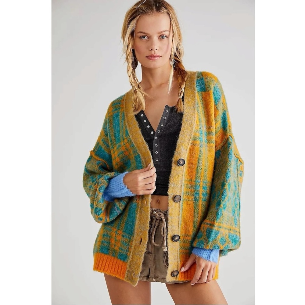 Free People Oversized Plaid Cardigan Sweater Medium Cobain Grunge Sky Combo